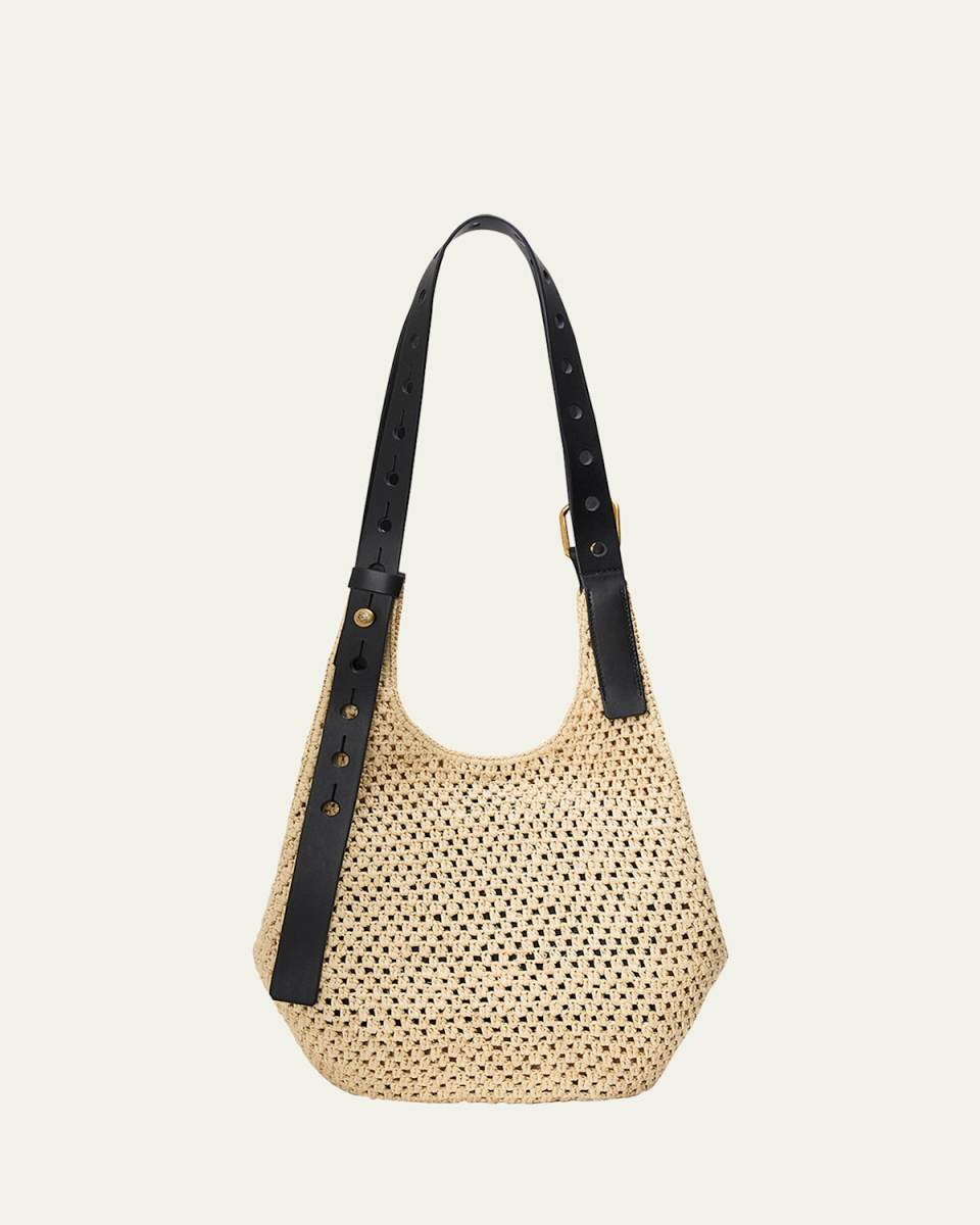 x Paula's Ibiza Small Punch Hole Hobo Bag in Raffia and Leather